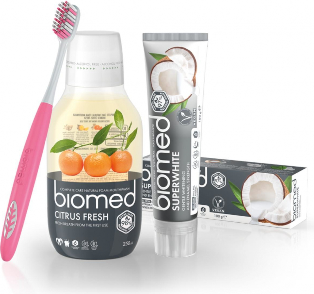 Biomed Superwhite zubní pasta 100 g + Citrus Fresh ústní voda 250 ml + kartáček dárková sada
