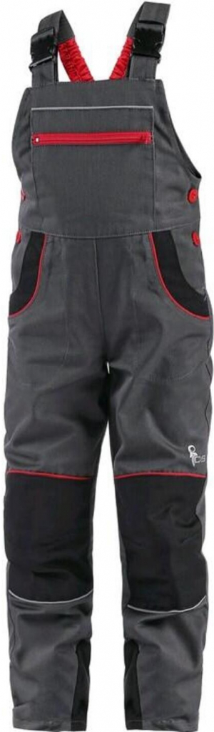 Canis CXS Phoenix CASPER Dětské pracovní kalhoty s laclem šedé s černými a červenými doplňky 90 103001269809