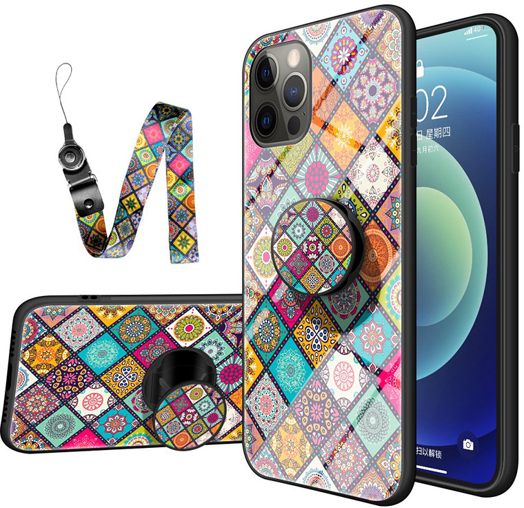 Pouzdro AppleMix Apple iPhone 12 Pro Max - skleněné / gumové - šňůrka + pop-socket - orientální motiv