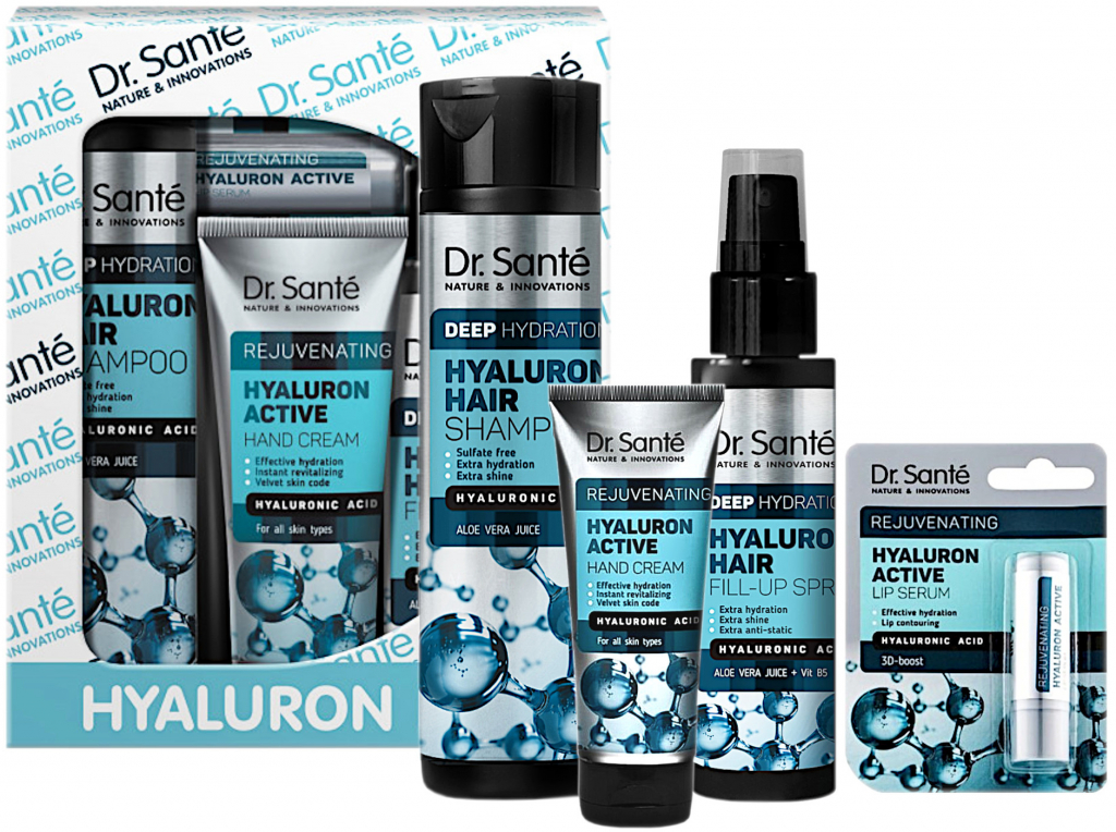 Dr. Santé Hyaluron hydratační šampon 250 ml + hydratační sprej na vlasy 150 ml + hydratační krém na ruce 75 ml + balzám na rty 4 g dárková sada