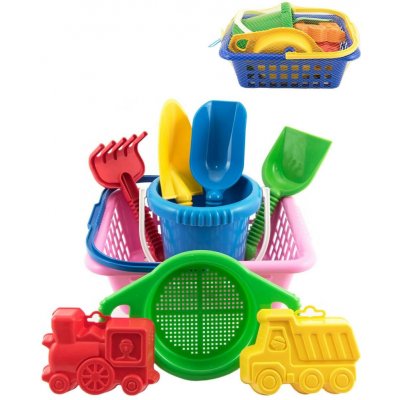 Teddies Košík sada - 2 bábovky rýč lopatka hrabičky sítko kbelík nákupní košík – Zboží Mobilmania