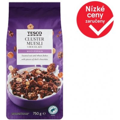 Tesco Zapékané müsli s čokoládou s kousky mléčné a hořké čokolády, rozinkami a lískovými ořechy 750 g