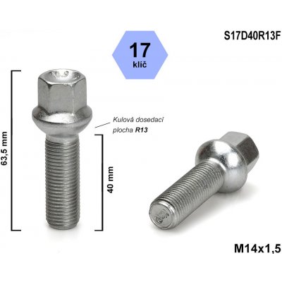 Kolový šroub M14x1,5x40 kulový R13, klíč 17, S17D40R13F, výška 63,5 mm
