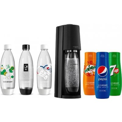 SodaStream Terra Black + láhve FUSE 3 x 1l + Sirup Pepsi 440 ml + Sirup Mirinda 440 ml + Sirup 7UP 440 ml – Zboží Mobilmania