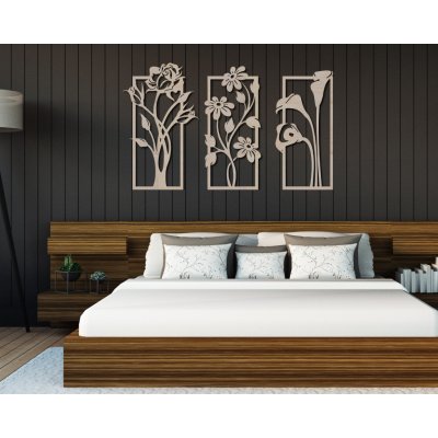 WOODENY Dřevěná dekorace na stěnu - Tři druhy květin Vyberte velikost:: celková velikost 120 cm x 70 cm, Vyberte dekor: Topol – Zboží Mobilmania