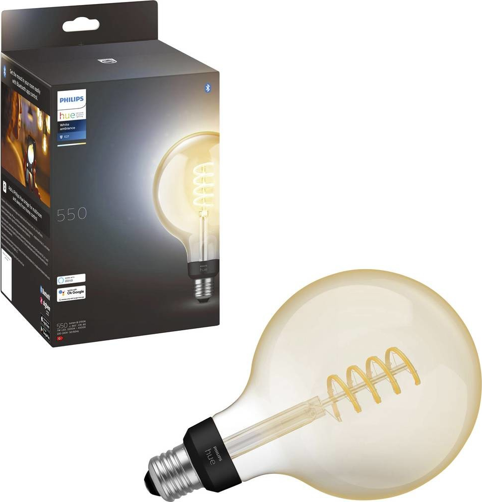 Philips Hue Bluetooth LED White Ambiance filamentová žárovka 8719514301542 E27 G125 7W 550lm 2200-4500K černá, stmívatelná Studená bílá