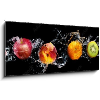 Obraz 1D panorama - 120 x 50 cm - Set of fresh fruits in water splash isolated on black background Sada čerstvého ovoce v stříkající vodě izolované na černém pozadí – Zbozi.Blesk.cz