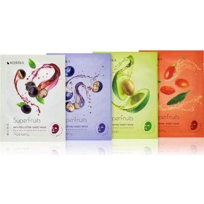 KORIKA SuperFruits Acai berry plátýnková maska s detoxikačním účinkem 25 g + Blueberry detoxikační plátýnková maska 25 g + Avocado vyživující plátýnková maska 25 g + Goji berry omlazující pleťová mask