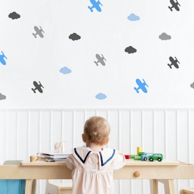 INSPIO 9545f Samolepky do pokoje s motivem letadélek a obláčků do dětského pokojíku, velikost 90 x 30 cm – Sleviste.cz