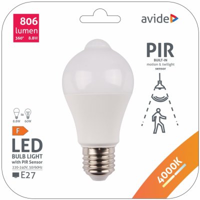 Avide žárovka LED s pohybovým PIR senzorem 8,8W, 806lm, neutrální bílá 4000K, ASG27NW-8.8W-PIR