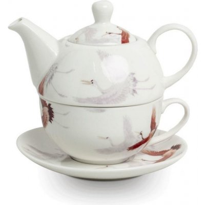 Made in China Čajník s šálkem a podšálkem porcelánový Royal Tea Jeřábi bílý 400 ml – Zboží Mobilmania