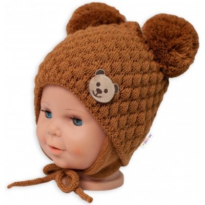 BABY NELLYS Zimní pletená čepice Teddy Bear na zavazování hnědá