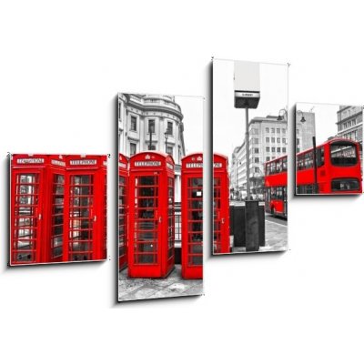 Obraz 4D čtyřdílný - 100 x 60 cm - Red telephone boxes and double-decker bus, london, UK. Červené telefonní schránky a dvojité