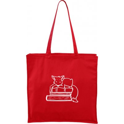 Ručně malovaná větší plátěná taška - Liška na knihách, červená/bílý motiv