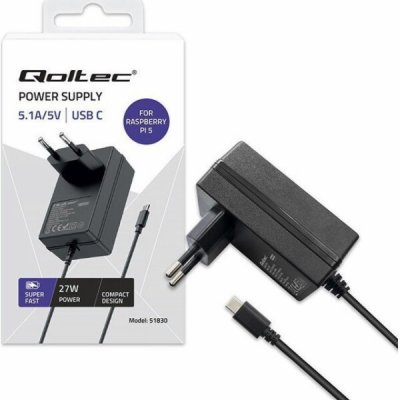 Napájecí zdroj Qoltec Super Quick PD - USB C 27W 5,1V/5A pro Raspberry Pi 5 - černý – Hledejceny.cz