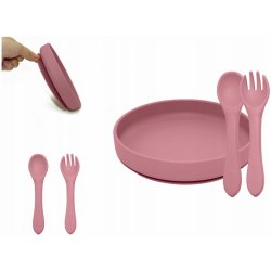 Petite & Mars Set jídelní silikonový Take Match talíř příbor 6m+ Dusty Rose 2 ks