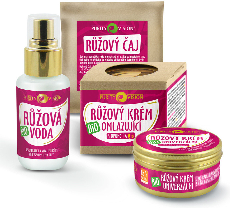 Purity Vision Růžová sada růžový krém omlazující 40 ml + růžový krém univerzální 70 ml + růžová voda 50 ml + růžový čaj 10 g dárková sada