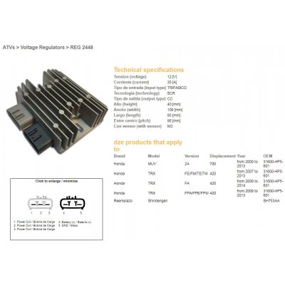 DZE regulátor napětí HONDA TRX 420FE/FM/TE/TM 07-14; MUV 700 09-13 (35A) (31600-HP5-601) (SH753AA) (ESR318) | Zboží Auto