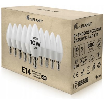 EcoPlanet 10x LED žárovka E14 10W svíčka 880Lm studená bílá