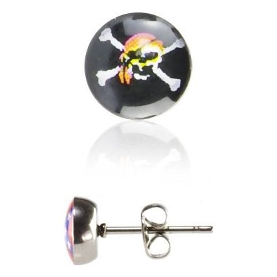 Šperky eshop ocelové náušnice pirátská lebka na černém kruhu AA01.23