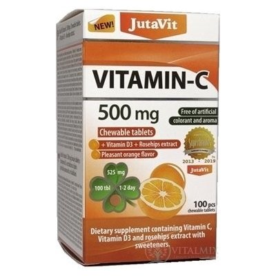 JutaVit Vitamin C 500 mg žvýkací tablety s vitamínem D3 a extraktem ze šípků se sladidly s příchutí pomeranče 100 ks – Zboží Mobilmania