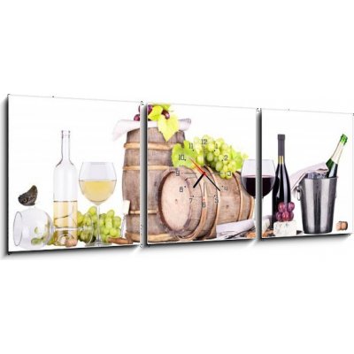Obraz s hodinami 3D třídílný - 150 x 50 cm - champagne, red and white wine šampaňské, červené a bílé víno – Hledejceny.cz