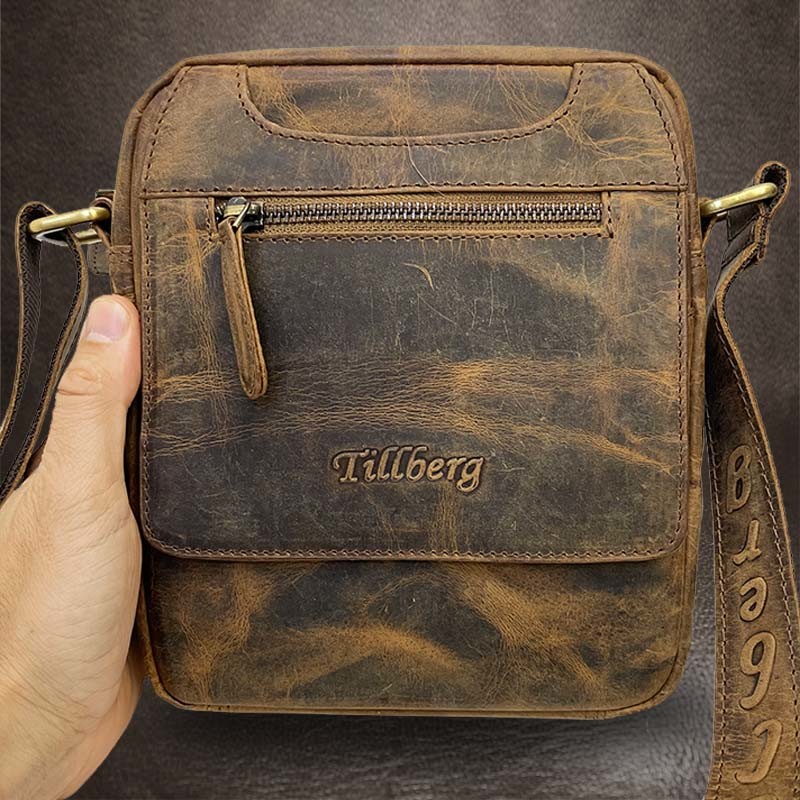 Pánská hnědá TILLBERG Leather kožená crossbody messenger taška přes rameno S malá Úžasná patina