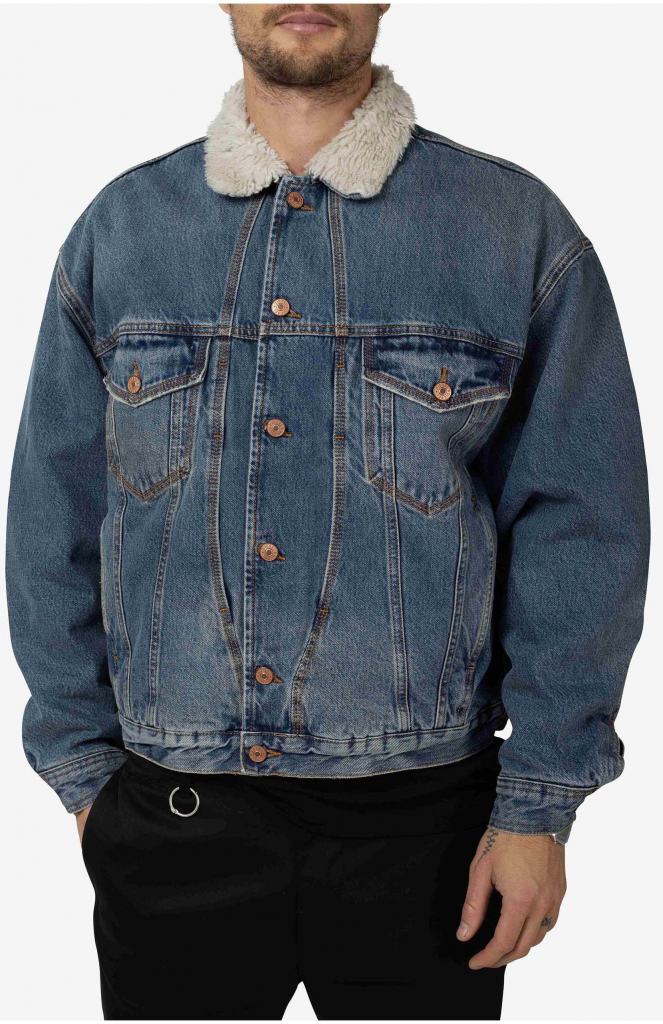 Diesel pánská džínová bunda s umělým kožíškem D-Resky Giacca modrá