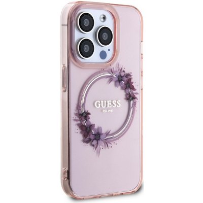 Guess PC/TPU Flowers Ring Glossy Logo MagSafe Apple iPhone 15 Pro Max růžové