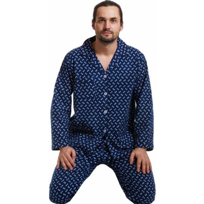 1PF0022 pánské pyžamo dlouhé propínací flanelové modré – Zboží Mobilmania