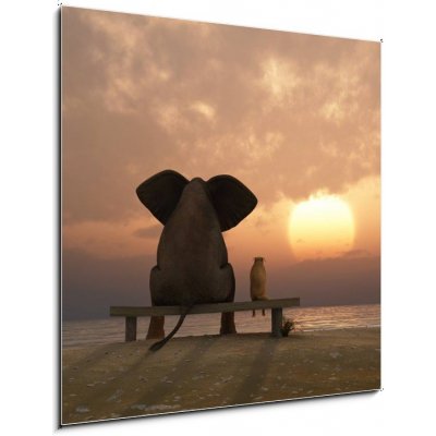 Skleněný obraz 1D - 50 x 50 cm - elephant and dog sit on a summer beach slona a pes sedí na letní pláži – Zbozi.Blesk.cz