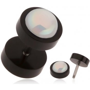 Šperky eshop akrylový fake plug do ucha černé barvy bílá kulička s duhovým leskem PC02.30