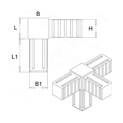 Plastová spojka - 4-nohý kus vhodný do profilu veľkosti 25x25x2 mm