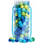 WOODY DŘEVO Korálky navlékací tyrkysové set s barevnými tkaničkami v tubě – Sleviste.cz