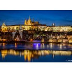 WEBLUX 110013090 Fototapeta vliesová Prague Castle Pražský hrad Hradčany odrážející se v řece Vltavě v Praze Česká republika v noci rozměry 100 x 73 cm – Zboží Mobilmania