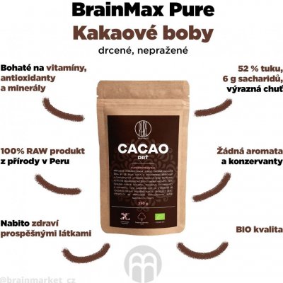 BrainMax Pure Drcené Kakaové Boby Nepražené RAW BIO 250 g – Hledejceny.cz