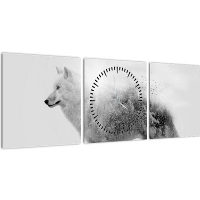 Obraz - Arktický vlk zrcadlící divokou krajinu, černobílý (s hodinami), třídílný 90x30 cm s hodinami – Zboží Mobilmania