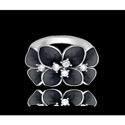 Minet Černý rozkvetlý stříbrný prsten Flowers s bílými zirkony JMAS5034BR57