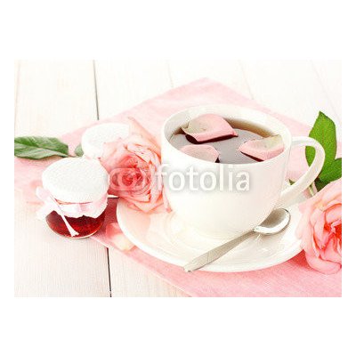 WEBLUX 45499429 Fototapeta plátno cup of tea with roses and jam on white wooden table šálek čaje s růží a džemem na bílém dřevěném stole rozměry 160 x 116 cm – Zbozi.Blesk.cz