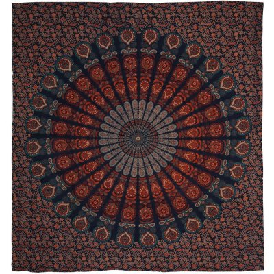 BOB Batik přehoz na postel indický Peacock Mandala červeno modrý bavlna King size Dvoulůžko 220 x 200 cm