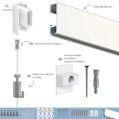 Závěsný systém na obrazy - SET Click Rail bílá přetíratelná 3m (6x perlon 6x AG – Zboží Dáma