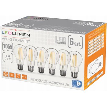 Ledlumen LED žárovka Filament E27 A60 1055 lm 8 W bílá teplá 6 ks