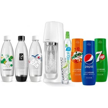 SodaStream Spirit White + Náhradní láhve FUSE 3 x 1l + Sirup Pepsi 440 ml + Sirup Mirinda 440 ml + Sirup 7UP 440 ml