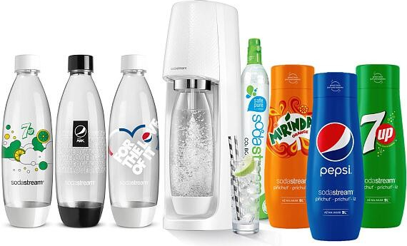 SodaStream Spirit White + Náhradní láhve FUSE 3 x 1l + Sirup Pepsi 440 ml + Sirup Mirinda 440 ml + Sirup 7UP 440 ml