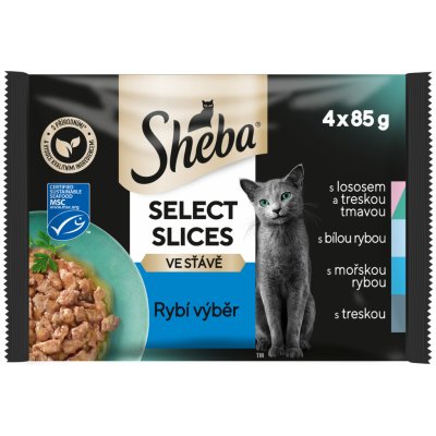 Sheba Selection in Sauce losos a treska tmavá bílá ryba mořská ryba treska obecná 4 x 85 g – Hledejceny.cz
