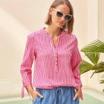 Pruhovaná halenka z materiálu seersucker růžová – Zboží Mobilmania