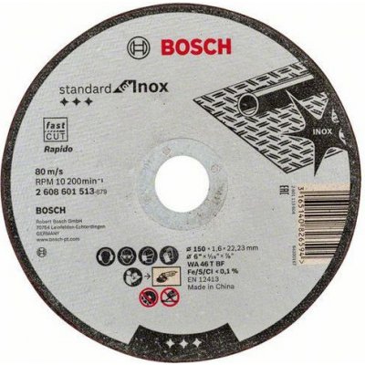 Bosch - Řezný kotouč rovný Standard for Inox WA 46 T BF, 150 mm, 22,23 mm, 1,6 mm, 50 BAL – Zboží Mobilmania