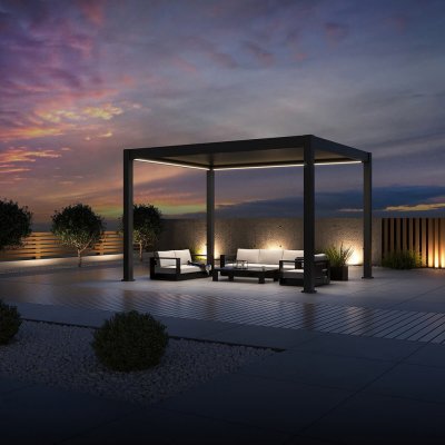 Gutroof DELUXE PRO AUTOMATIC 3x4 elektrická terasová pergola s LED osvětlením, Taupe – Zboží Mobilmania