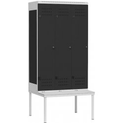 Triton Šatní skříňky 3-dveřové s lavičkou 2195 x 900 x 780 mm - kovové otočný uzávěr Burg skelet kov šedá RAL 7035 dveře kov černá RAL 9005