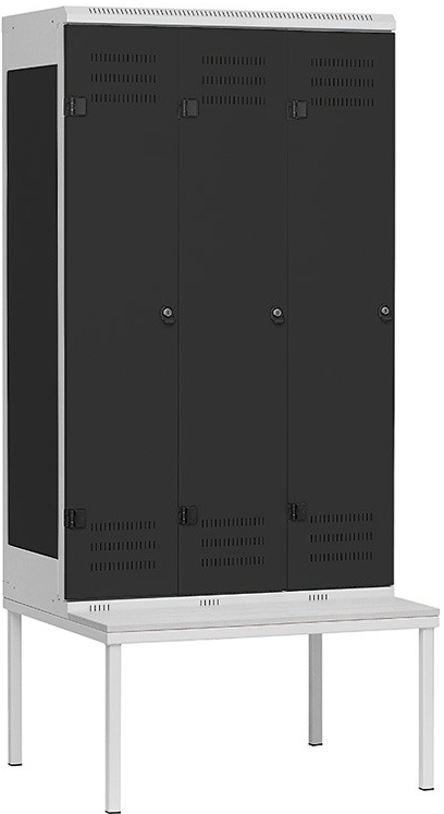 Triton Šatní skříňky 3-dveřové s lavičkou 2195 x 900 x 780 mm - kovové otočný uzávěr Burg skelet kov modrá RAL 5005 dveře kov černá RAL 9005